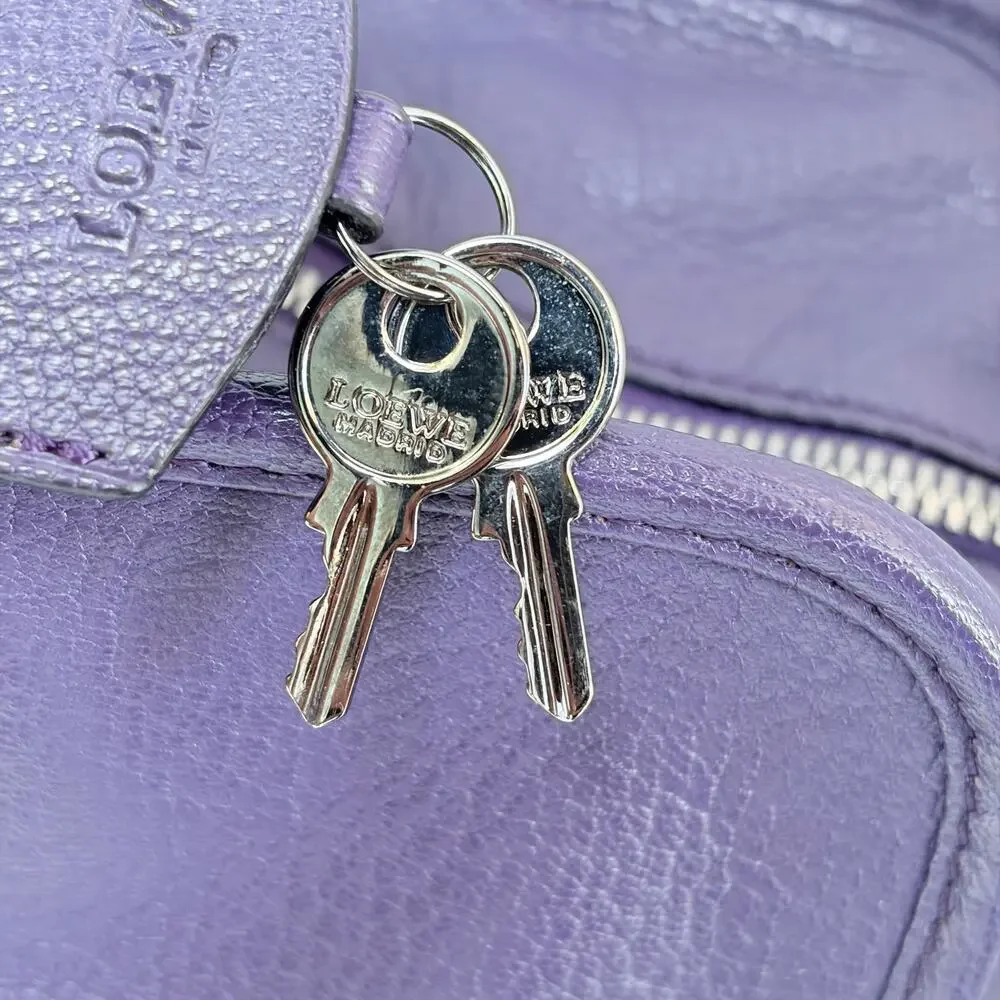 Loewe Amazona 36 Purple Leather Top Handle Bag Silver Hardware COA Dustbag Keys